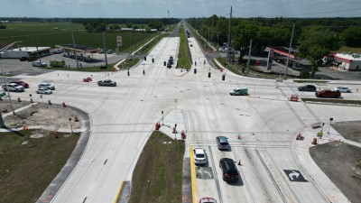 SR 60 at SR 39 looking west at intersection showing new concrete travel lanes (Photo March 2026)