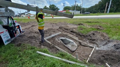 Image showing crews adding concrete to drainage structure at SR 60 and SR 39 (Photo July 2026)
