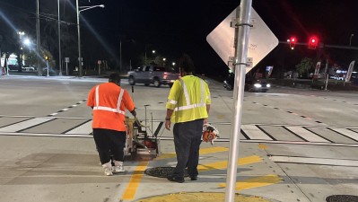 Crews adding final striping to roadway at the intersection of 301 and Gibsonton Drive in Riverview (March 2026 photo)