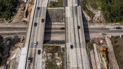 Aerial View of Northbound and Southbound I-75 Showing Bridge Widening Activities over Harney Road (December 2025)