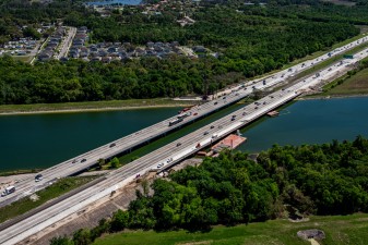 View looking south of southbound and northbound I-75 showing widening of bridge over the Tampa Bypass Canal (Photo March 2026)