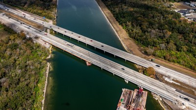 View of NB and SB I-75 travel lanes over the Tampa Bypass Canal showing bridge widening construction activities (November 2025 photo)