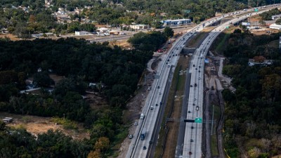 View of NB and SB I-75 travel lanes showing widening construction activities over Harney Road (November 2025 photo)