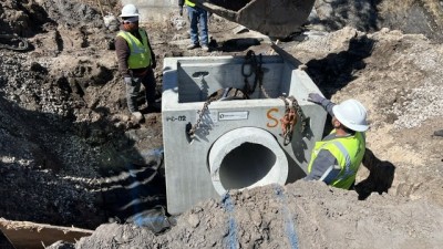 Crews place concrete box culvert (February 2026 photo)