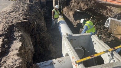 Looking south as crews install drainage structures (February 2026 photo)