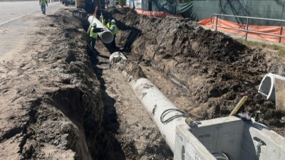 Looking south as crews place drainage structures (February 2026 photo)