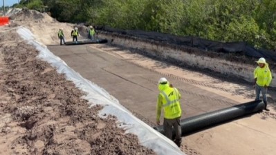 Looking south at 4th Street N as crews place geotextile (May 2026 photo)