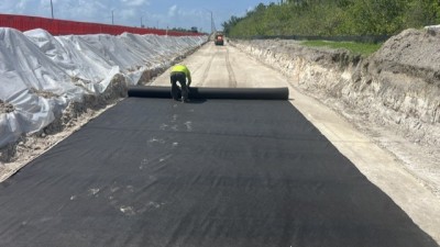 Looking south at 4th Street N as crews place geotextile (May 2026 photo)