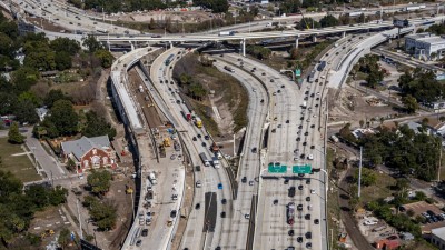 Aerial view of I-4 and I-275 Downtown Tampa Interchange showing construction ramp travel lanes WB I4 to SB I275 (December 2025 photo)