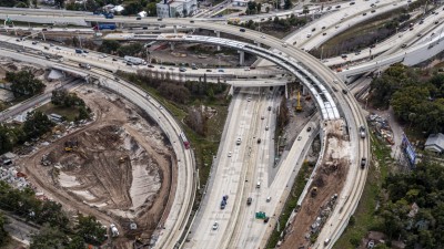 View of I-4 and I-275 Downtown Tampa Interchange showing construction of retention pond being built in northeast corner (January 2026 photo)