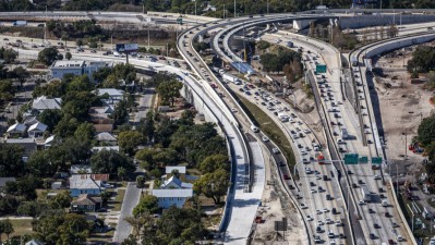 View of I-4 and I-275 Interchange through Downtown Tampa showing construction of future SB I275 ramp to EB I4 (December 2025 photo)