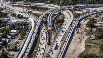 View of I-4 and I-275 Interchange through Downtown Tampa showing construction of future WB I4 ramp to NB I275 (December 2025 photo)