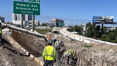 Image showing concrete pour of barrier wall as part of the Downtown Tampa Interchange project (photo July 2026)