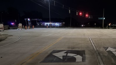 SR 39 at Trapnell Road looking east at recently opened intersection showing new concrete travel lanes (Photo April 2026)