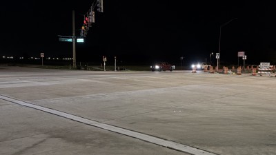 SR 39 at Trapnell Road looking west at recently opened intersection showing new concrete travel lanes (Photo April 2026)