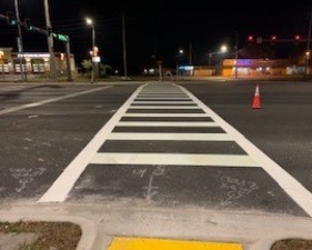 Newly striped crosswalk across US 19 at Marine Parkway (4/9/2021 photo)