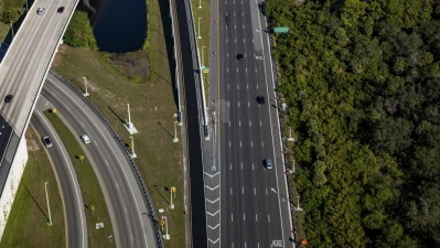 Westbound SR 60 showing northbound travel lanes and new entrance ramp (January 2026 photo)