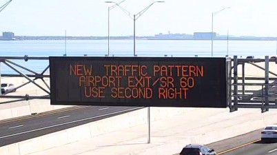 Image showing signage communicating New Traffic Pattern / Airport Exit SR 60 Use Second Right
