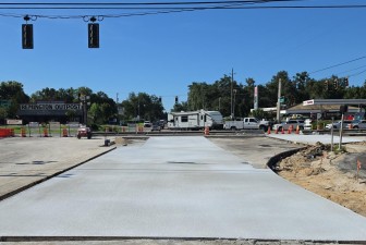Looking south on Mondon Hill Road at newly placed concrete at the US 98 / SR 50 intersection (9-11-2026 photo)