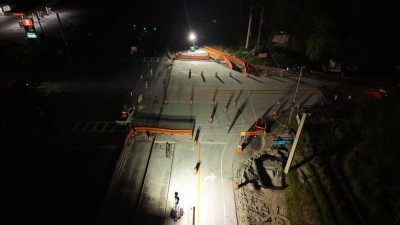 Looking west over US 98 / SR 50 at new concrete roadway at the Mondon Hill Road intersection (9-21-2026 photo)