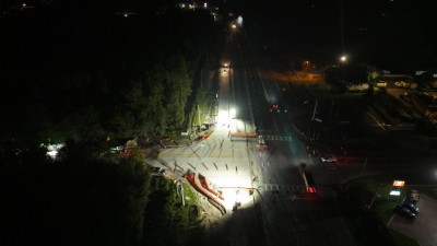 Looking east over US 98 / SR 50 at new concrete roadway at the Mondon Hill Road intersection (9-21-2026 photo)