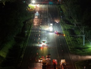 Looking west over US 98/SR 50 toward the Mondon Hill Rd. / Spring Lake Highway intersection at night shift work (6-15-2026 photo)