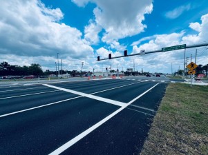 Looking southeast on US 19 at a new mid-block crossing that is expected to open in July at San Marco Drive / Johnson Road (5/31/2025 photo)