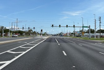 Looking north at the new mid-block crossing at San Marco Drive / Johnson Road (7-7-2025 photo)