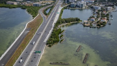 Aerial view of NB and SB Howard Frankland Bridge approaching I275 showing the newly constructed shared use path (December 2025 photo)