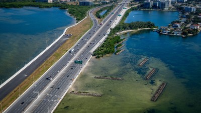 View of NB and SB I275 travel lanes showing newly construction seawall and shared use path (November 2025)