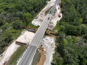 Bridge construction for new southbound vehicle (left) and pedestrian (right) bridges over the Withlacoochee River (6-17-2026 photo)