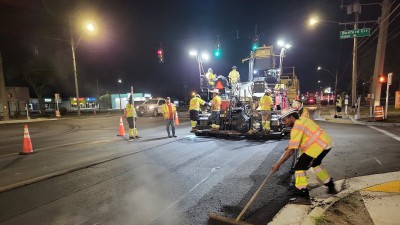 Looking west at paving operations along East Bay Drive (March 2026 photo)