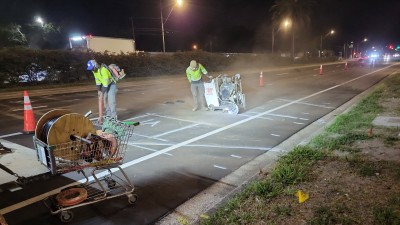 Saw cutting for traffic detectors on East Bay Drive (May 2026 photo)