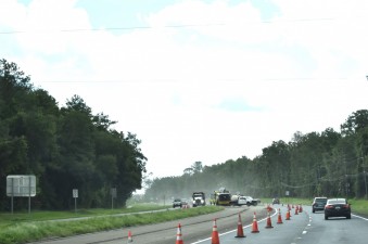 A lane closure is set up for milling operations just ahead (7-21-2025 photo)