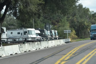 Temporary barrier wall installed on the east side of SR 39 for construction work (12-9-2025 photo)