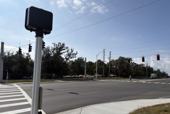 Looking south across SR 44 at the new signals and crosswalks at Gospel Island Road (11/24/2024 photo)