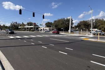 Looking west at the new signals at SR 44 and Gospel Island Road (11/24/2024 photo)