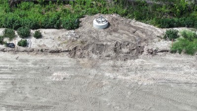 Aerial view showing drill shaft installation work at I-4 Truck Parking Facility (August 2026)