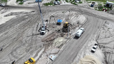 Aerial view showing drill shaft installation work at I-4 Truck Parking Facility (August 2026)