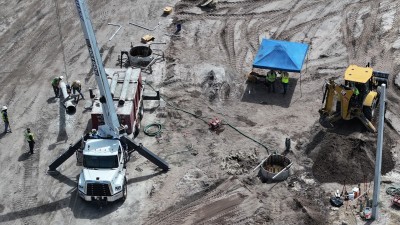 Aerial view showing drill shaft installation work at I-4 Truck Parking Facility (August 2026)