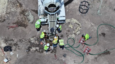 Aerial view showing drill shaft installation work at I-4 Truck Parking Facility (August 2026)