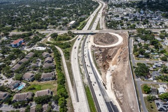 Looking south over I-275 at reconstruction of the 54th Avenue N interchange ramps (6-15-2026 photo)
