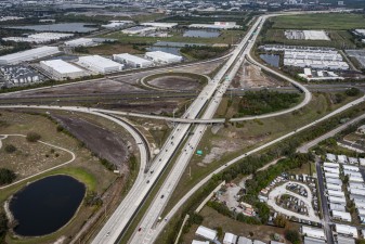 Looking northwest over I-275 at the Gandy Blvd. interchange that's been cleared for storm water ponds and ramp improvements (1-14-2026 photo)