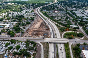 Looking north over I-275 at reconstruction of the 54th Avenue N interchange ramps in the northwest quadrant (5-14-2026 photo)