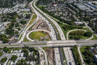 Looking north over I-275 at the recently reopened and rebuilt ramps (in the upper left) at 54th Avenue N (9-15-2026 photo)