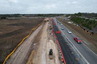 Looking north at the temporary trail realignment next to the southbound SR 589 entrance ramp (2-18-2026 photo)