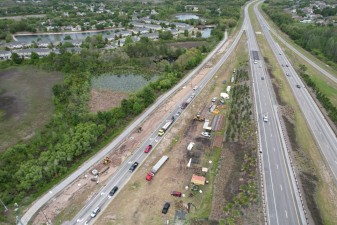 Looking north at early construction of the trail bridge approach on the north side of SR 52 (4-9-2026 photo)
