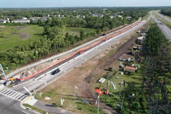 Looking northwest at the temporary Suncoast Trail shift next to the SR 589/Suncoast Parkway exit ramp to SR 52 (6-10-2026 photo)