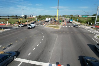 Looking west on SR 52 at bridge pier construction in the median (6-10-2026 photo)