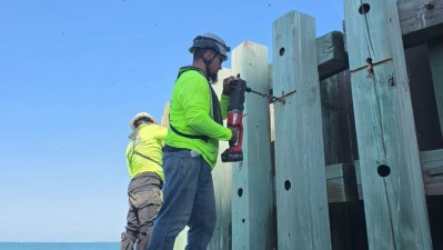 Maintenance on the dolphins protective barriers in the water (May 2026)